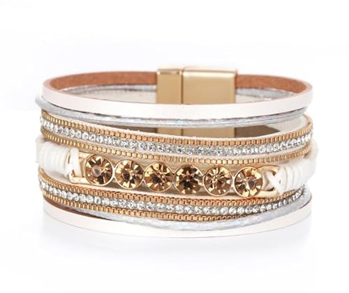 SBI Jewelry Sparkling White Leather Bracelets for Women Multilayered Cuff Wrap Gorgeous Handmade Boho Bohemian Bangle Anniversary Birthday