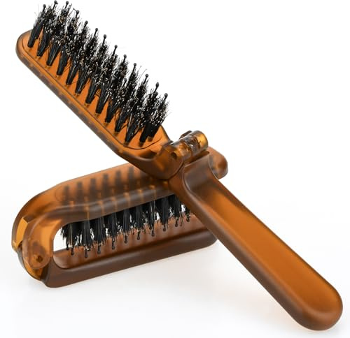 2 Pcs Travel Folding Hair Brush, Collapsable Portable Pocket Boar Bristle Hair Brush for Thin Thick Hair, Mini HairBrushfor Men Women Kids Thick Thin Curly Straight Wet Dry Hair Restore Shine