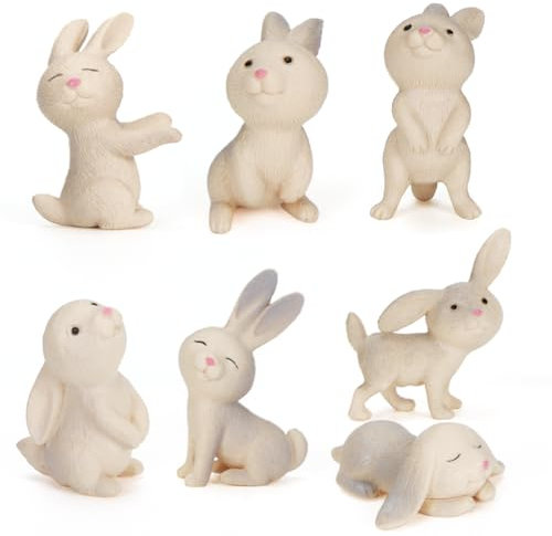 Zaloife Miniature Lapin Ornement, 7 Pcs Mini Figurine Lapin, Lapin de Pâques Décoration, Decoration Gateau Paques, pour Pâques Cupcake Jardin Paysage Printemps Maison de Poupée