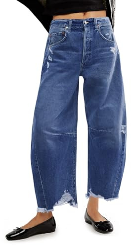 Cicy Bell Women's Baggy Wide Leg Jeans Barrel Horseshoe Boyfriend Cropped Raw Hem Denim Pants, Blue, 8
