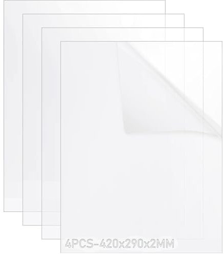SENENQU 4 Pièces Plaque Acrylique Transparente A3 2mm transparent Vitre de Rechange Transparente Feuille Acrylique en pour Verre du Cadre Photo L'affichage Des Projets Peinture