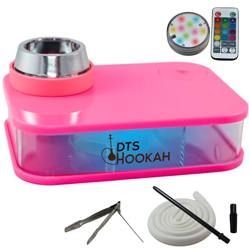 DTS HOOKAH | Chicha Kit Complet avec LED, Télécommande et Tuyau Silicone | Shisha Hookah Design Portable en Acrylique | Système Chauffe Charbon Naturel | Pack Chicha Complet Voiture (Pink)