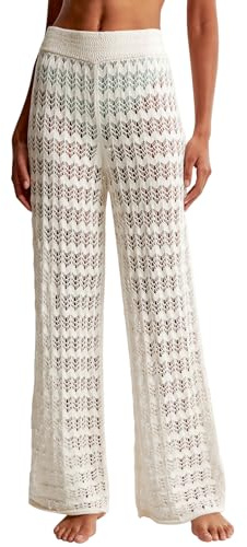 Saodimallsu Womens Crochet Cover Up Pants Sheer Mesh High Waist Sexy Casual Knit Summer Swimsuit Coverup Beach Pants White
