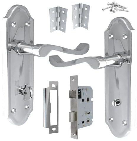 Ashford Door Handle Chrome, Bathroom WC Toilet Door Handles, Bathroom Mortice Lock 3 Hinges 168mm x 47mm Backplate, Interior Wooden Doors