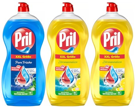 Pril Original Pure Frische (1x 1,2l) + Pril Original Zitronenmelisse (2x 1,2l), Handgeschirrspülmittel mit höchster Fettlösekraft, für sauberes Geschirr auch in kaltem Wasser