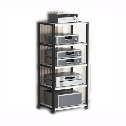 HAEKEBC Holz HiFi Rack Audio Schrank Plattenspieler Regal Eckständer HiFi-Audioschrank Mit Rad, Abnehmbar Schrank Für DVD-Player Spielekonsolen WLAN Router(5Tier)