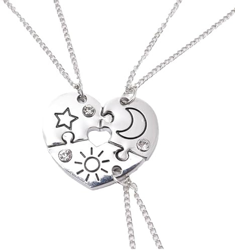 HIFOT 3 Stück Halskette Damen Silber Freundschaftskette, Bff Ketten für 3 Mädchen Herz Anhänger, Sonne Sternen Mond Halskette Lang für Frauen, Kristall Kette Anhänger Geschenk Personalisierter Schmuck