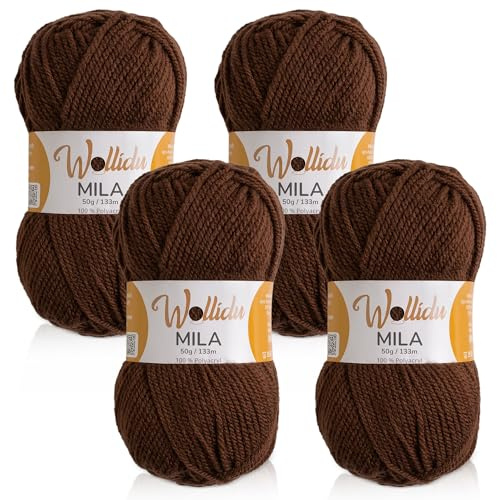 Wollidu Mila garn för virkning och stickning 4 x 50 g/133 m stickgarn 100 % polyakryl virkgarn brun
