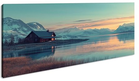 Ein einsames Holzhaus am See, umgeben von friedlicher Dämmerung und majestätischen Bergen. Panorama 80x40 cm als Leinwandbild, Motiv gerahmt auf Echtholzrahmen, Hochwertiger Digitaldruck