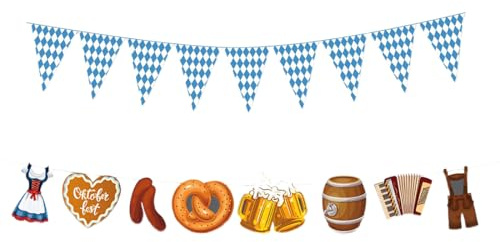 Oktoberfest Deko Wimpelkette Blau Weiß Girlande + München-Deutschland-Parteiflagge, Fotorequisitten Bayrische Dekoration, oktoberfest deko