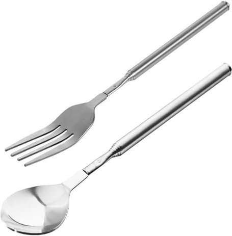 2 Pièces Fourchette et Cuillère Telescopique Extensible 22-63 cm Volent de Table Extensible en Acier Inoxydable BBQ Télescopique Longue Cuillère Rétractable Pour Dîner Dessert Cocktails Faire Camping