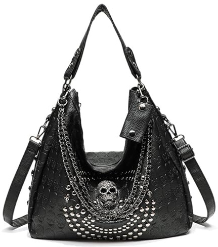 Schädel -Geldbörsen, 13,8 -Zoll -Kunstleder -Tasche mit Metallschädel und Nieten, gotische Handtaschen, Retro -Umhängetasche für Arbeit, Einkaufen, Schule, Schule