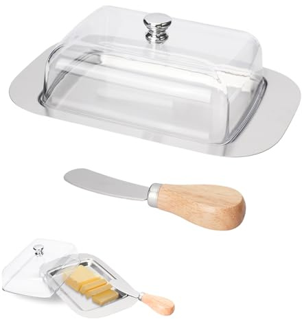 HMIEPRS Stainless Steel Butter Dish with Lid, 18.5 x 12.5 x 6.5 CM | Butter Holder with Knife, Large Cheese Holder Tray for Kitchen Restaurant Party, Dishwasher Safe Storage, Clear Lid