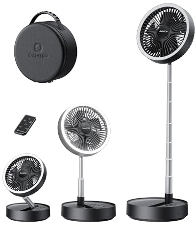 Gaiatop Portable Pedestal Fan 16000mAh Battery [Max 74h Runtime], Foldable Oscillating Standing Fan, Collapsible Desk Fans, LED Light, Case & Remote Control 4 Speeds for Outdoor Travel Camping (Black)