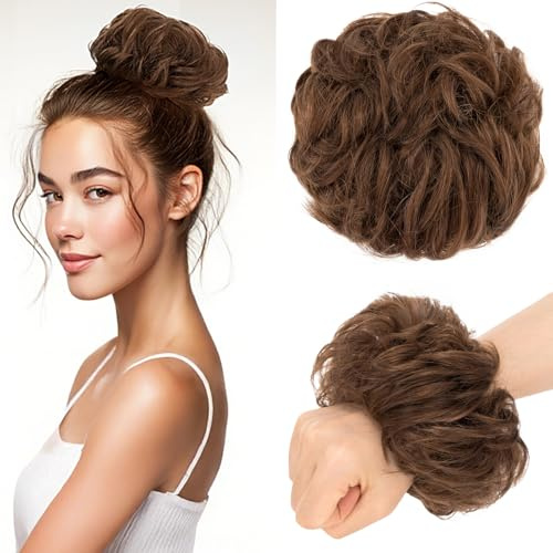 Benehair Echthaar Scrunchies Hochsteckfrisur, Lockig Echthaar Haargummi Hochsteckfrisuren, 25g Echte Haare Lockig Dutt, Haarverlängerung Haardutt Rose Dutt für Frauen, Schokoladenbraun #4R