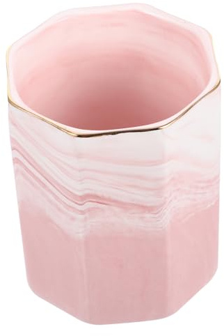Healvian Make Up Pinselhalter Keramik Marmor 10cm Rosa Kosmetik Organizer mit Goldrand Bürstenaufbewahrungsbecher für Schminktisch Schreibtisch