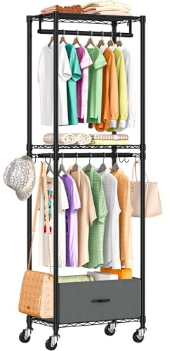 CursorTech Clothes Rack with Drawers, Freestanding Rolling Garment Rack for Hanging Clothes, Closet Organizer Adjustable Metal Wire Shelving Wardrobe with Rods Portable Closet Shelf with Wheels, Black