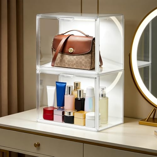 Vrietina Transparente Schuh Aufbewahrungsboxen mit Magnetischer Tür | 2 Pack Handtaschen Organizer mit LED, Acryl Vitrine für Schrank, Spielzeug-Organisation und Ausstellung L