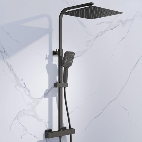 Simple Bathroom Thermostatic Shower Mixer Set with 12 Square Rainfall Shower Head(304 Stainless Steel), 3 Modes Handheld Shower, Anti-Leak Hose, Anti-Scald, Easy Install(Matt Black)