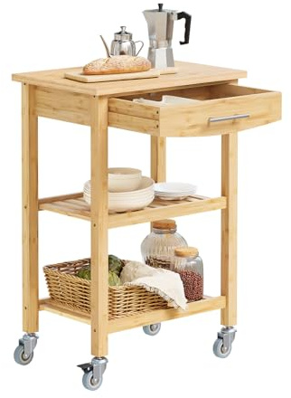 SoBuy Carrello da cucina con ruote, cassetto e 2 ripiani, 58x40x86 cm | Carrello cucina in bambù carbonizzato, 50 kg, antibatterico e facile da pulire, per cucina e sala da pranzo, FKW135-N