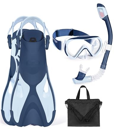 Supertrip Schnorchelset Kinder mit Flossen 6-14 Jahren | 4 in 1 Schnorchelset 180° Panorama HD Taucherbrille Kinder, Verstellbare Schwimmflossen und Premium Dry Schnorchel