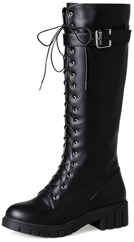Botas Altas Mujer Punta Redonda tacón Grueso Cordones Delante Correa tobillero Retro Workwear Exterior Viajes Cortos