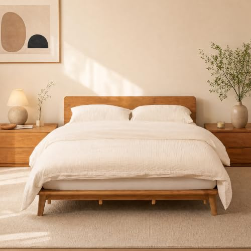 FLEXISPOT Massivholzbett JAPANDI Bettgestell werkzeuglos, bis 500kg | Plattformbett aus Gummibaumholz, für Matratzen 135-160cm, SGS-geprüfte, 10-jährige Garantie, Natur Oak, Hako G1
