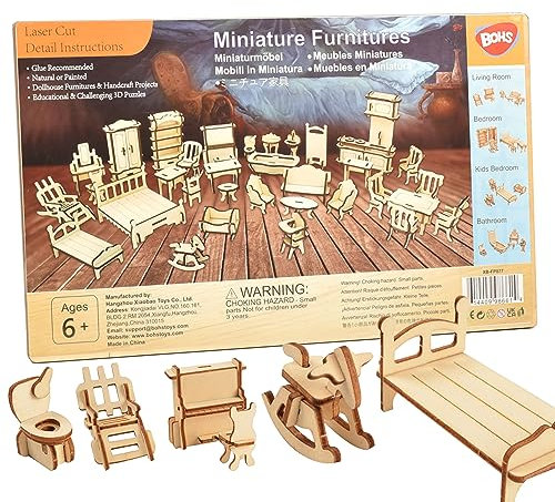 BOHS 34 Stück Puppenhausmöbel Bastelset - Holz 3D Puzzle - Miniaturmodelle Puppenhaus Zubehör - ab 6 Jahren