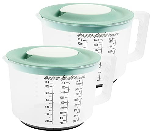 Messbecher Rührschüssel, 2 Stück, mit Deckel und Griff, ca. 2 Liter. aus lebensmittelechtem Kunststoff, Hergestellt in der EU, Deckelfarbe: grün
