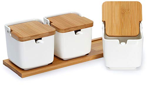 Lucky Goddness Porcelain Sugar Bowl Condiment Jar-Ceramic Flip Top Spice Container with Bamboo Lids and Spoons,for Kitchen Home
