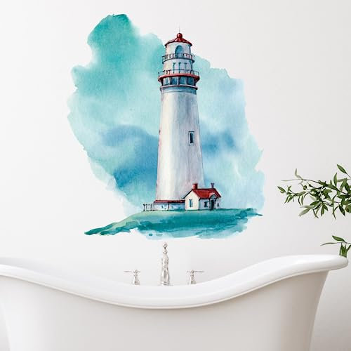 GRAZDesign Wandtattoo Leuchtturm Blau/Rot selbstklebend, Badezimmer Aufkleber, Wandsticker Nordsee | Wandaufkleber Bad, Tür, Fliesenaufkleber Klebefolie Fliesen 34x30cm