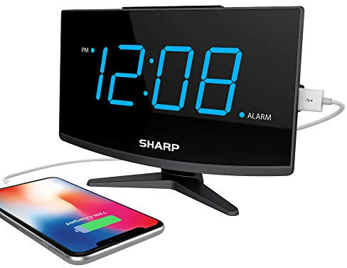 Sharp Digital Alarm Clock - Large Display with High/Low Brightness – Charge Phone with FastCharge 2 Amp Power Port for USB - Modern Design - Jumbo Blue LED Digit Display – Black