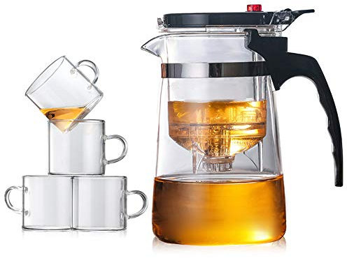 KUANDARMX Safety Glass Tea Pot, Easy-to-Filter Glass Teapot Tea Brewer with PC Plastic Tea Strainer, One-Button to Filter Tea Fast Heating, 850ml+4cup