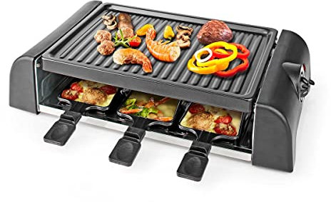 Ex-Pro 6 People Raclette Grill Electric Plate, 1000W with Non-Stick Plates, Adjustable Thermostat and 6 Pans - Black