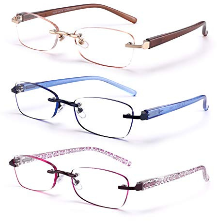 FEIVSN 3-Pack Rimless Reading Glasses For Women, Lightweight Spring Hinge Readers, Classic Elegant Artistic Eyeglasses UV 400 (Mix 2.25 Etc)