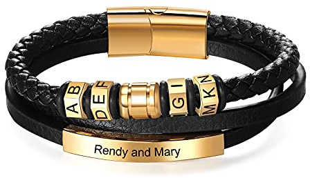 band new RolaQueen Männer Namensarmbänder Personalisierte Leder Armreif Schwarz Lederband mit 5 Namen Gravur für Herren, geflochten Echtleder Breites Lerderarmband Wickelarmband Gold
