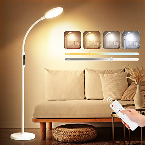 Stehlampe LED Dimmbar, 12W 2 in 1 LED Stehleuchte Leselampe mit Fernbedienung und Touch-Schalter, 5 Farbtemperaturen und 5 Helligkeitsstufen Moderne Standlampe für Wohnzimmer Schlafzimmer Büro, Weiß