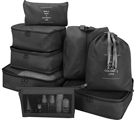 wiipara Packwürfel Set 8-teilig, Koffer Organizer Packing Cubes Set, Wasserdichte Kofferorganizer mit Schuhbeutel & Kosmetiktasche – Leicht & Reißfest für Reisen (Schwarz)