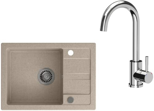 VBChome Spülbecken mit Armatur Beige 62 x 44 cm Granit Einzelbecken Einbauspüle Abtroffläche Gesprenkelt Reversibel Verbundspüle Küchenarmatur Chrom + Siphon