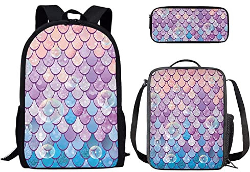 Binienty Rucksack für Jungen und Mädchen, modisches Büchertaschen-Set mit Lunchtasche und Federmäppchen für Grundschul, Kindertaschen, Reise-Rucksack, Mermaid Scale-5, Einheitsgröße