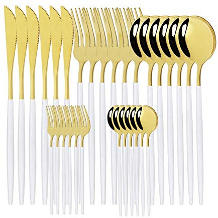 Geschirr Set 18/10 Edelstahl 30 stücke Grün Gold Besteck Set Geschirrmesser Salat Gabel Löffel Besteck Set Spülmaschine Safe essgeschirr (Color : White Gold)