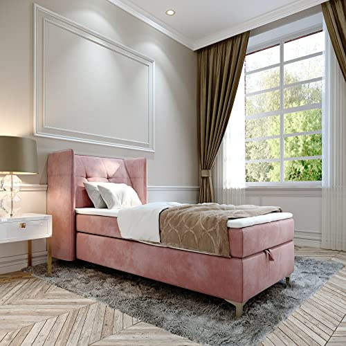 FURNISTAR Boxspringbett Doppelbett LIND - 90x200cm Bett mit Bonellmatratze, mit Bettkasten für Bettwäsche und Topper. EIN Bett mit einem klassischen, konturierten Kopfteil (Velvet 63, 90x200)