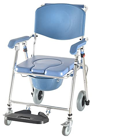 CRAGCO Toilettenrollstuhl Fahrbarer Toilettenstuhl mit WC-Eimer Toilettensitz WC Sitz Badehilfen Duschstuhl Nachtstuhl Klappbarer Stuhl mit Rückenlehneund Fußstützen bis zu 150 kg