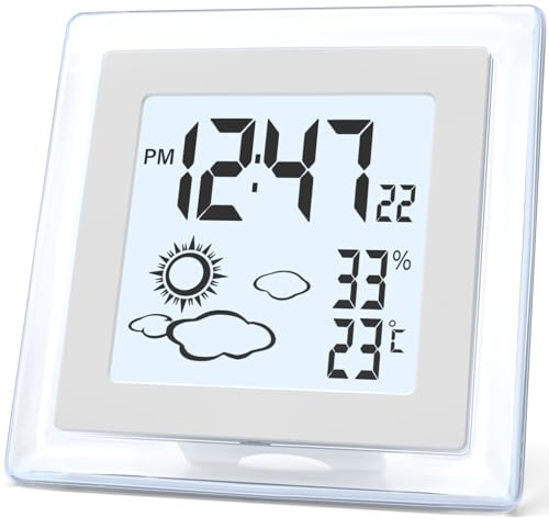 VOILEIPAGI Small Clock Digital Battery Operated Alarm Clock with Auto Backlight, Indoor Temperature Humidity, 12/24H, Date, Travel Alarm Clock Desk Clock Small Clock for Shelf (Battery Included)