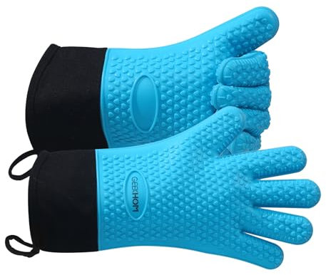 Guantes de Horno y Barbacoa Resistentes al Calor: GEEKHOM Silicona Impermeable - 35 cm Antideslizantes para Parrillas/Horno Profesional/Microondas, Protección Anti-Escaldaduras