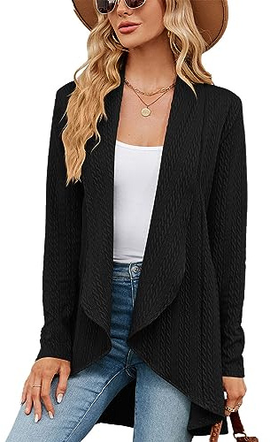 Cárdigan Elegante Manga Larga para Mujer - Chaqueta de Punto Casual para Primavera, Otoño e Invierno - Top Ligero Suéter (Negro L)