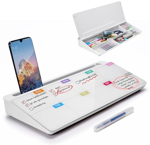 TSJ OFFICE Whiteboard Weekly Dry-Erase-Board - Desktop White Board Calendar Desk Organizers with Accessories Computer Keyboard Stand with Drawer, for Office, Home, School Supplies - White Calendar