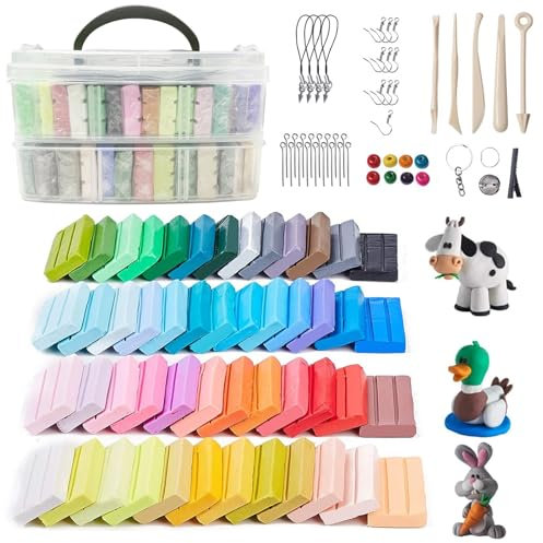 Polymer Clay, 50 Farben Ton Set, Creative Modelliermasse Kit, Nicht Klebrig, Ungiftig, DIY Knete mit Sculpting Tools und Schmuck Zubehör, Ideal Weihnachten und Geburtstagsgeschenke für Kinder