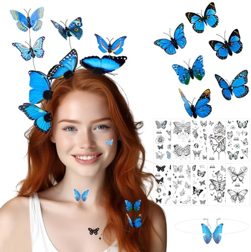 IWTBNOA Schmetterling Haarreif Damen, Schmetterling Fascinator Stirnband Haarband, Schmetterling Kopfschmuck mit 10 Stück Schmetterling Tattoo für Damen Karneval Fasching Party Cosplay