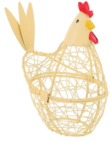 BUGUUYO Chicken Shaped Wrought Iron Egg Basket Stable Countertop Organizer for Fresh Egg Collection Multi-Use Holder for Fruits and Vegetables Light Yellow